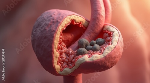 Gallbladder cutting showing gallstones obstructing bile duct on medical background. 3d illustration
