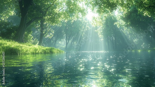 Lush green foliage frames the Magical Forest Lake illuminated by the sun