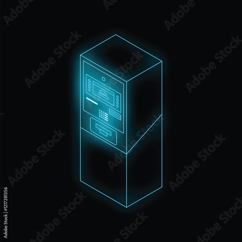 Neon blue atm machine is glowing on a dark background