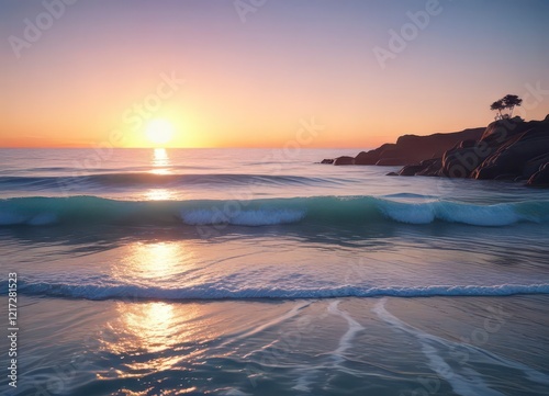 Soft focus on a gradient blue landscape with gentle waves and sunsets,  serene atmosphere,  beach scene,  soft focus