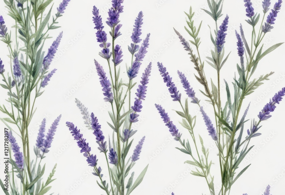 Fototapeta premium Soft watercolor floral arrangement of lavender stems and leaves on a white background, delicate petals, garden scene