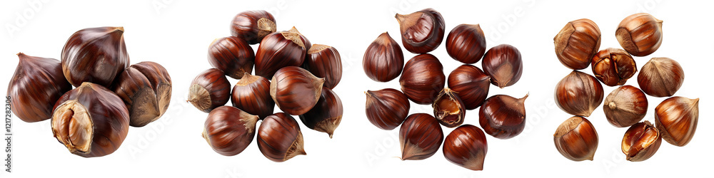 Obraz premium A collection of chestnuts showcasing their glossy, dark brown shells with variations in size and shape.