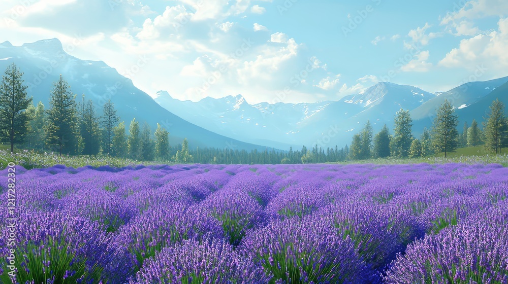 At dusk, a tranquil lavender field sparkles with gradient light, weaving through the lines of flowers. The mesmerizing light amplifies the soothing charm of the landscape At dusk, a tranquil lavender field sparkles with gradient light, weaving through the lines of flowers. The mesmerizing light amplifies the soothing charm of the landscape