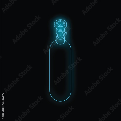 Neon glowing outline of an oxygen cylinder with valve on black background, isometric view