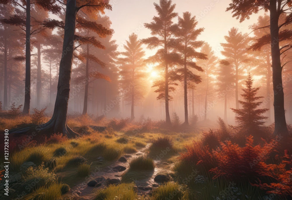 Obraz premium Sunset over a serene forest landscape with misty trees and vibrant foliage, mist, sunset