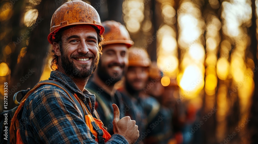 At sunset, a smiling construction worker gives a thumbs up on the job site, reflecting teamwork and safety standards in the industry At sunset, a smiling construction worker gives a thumbs up on the job site, reflecting teamwork and safety standards in the industry