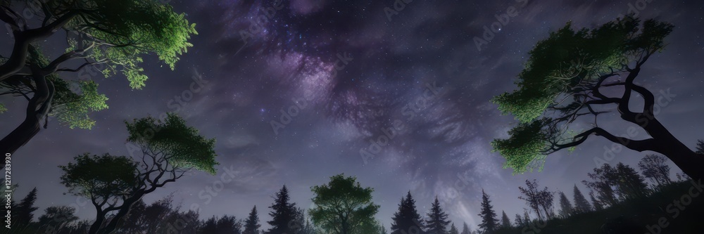 Fototapeta premium Swirling greens and purples dance across the night sky as a gentle breeze stirs the trees , night sky, forest, northern lights