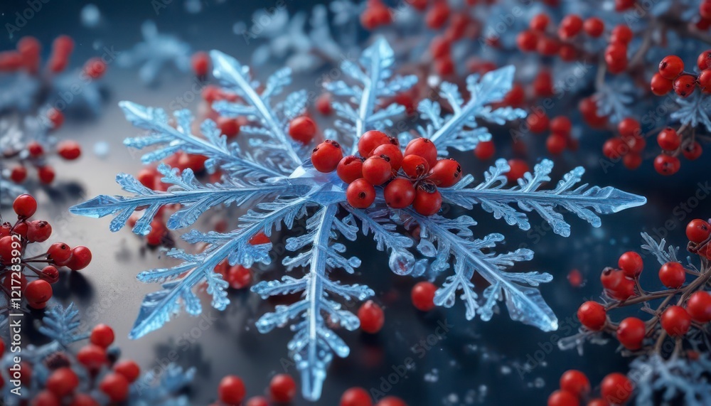 sparkling blue and clear crystals create a frosty snowflake pattern around red berries , winter, christmas sparkling blue and clear crystals create a frosty snowflake pattern around red berries , winter, christmas