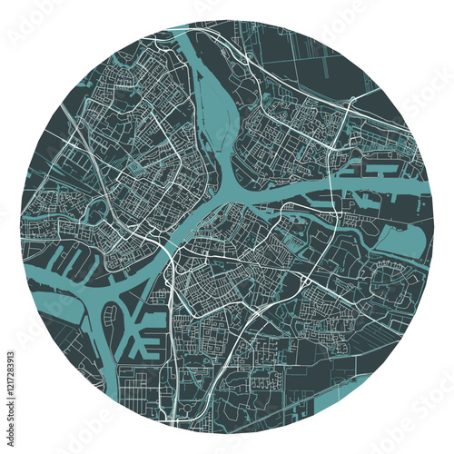 Dordrecht vector minimalist street plan map of a Dutch city on a dark gray round background. Netherlands