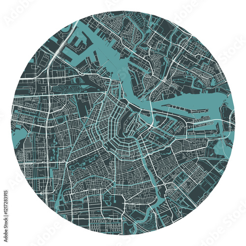 Amsterdam vector minimalist street plan map of a Dutch city on a dark gray round background. Netherlands