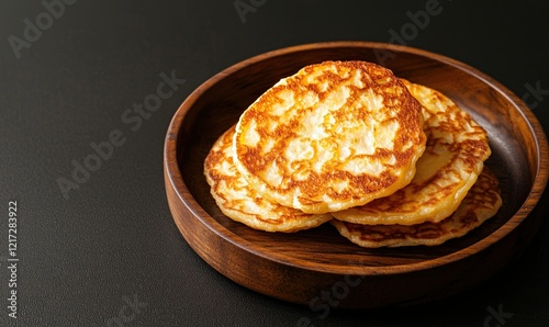 Delicious boxty served on a wooden plate with a muted golden brown background for a rustic dining experience photo