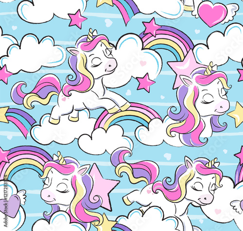 Fashion seamless pattern cute unicorn. Print for clothes and fabric. Cartoon character. Pony