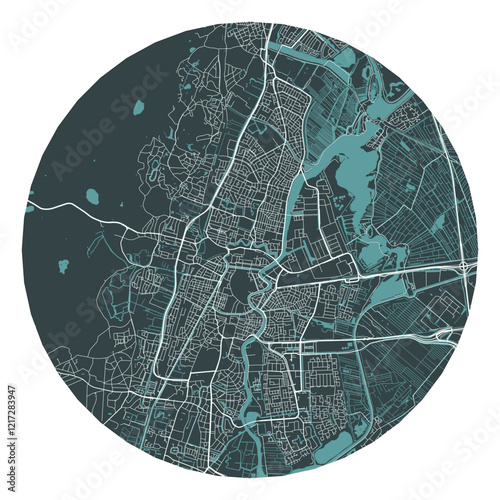 Haarlem vector minimalist street plan map of a Dutch city on a dark gray round background. Netherlands