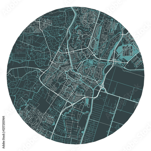 Alkmaar vector minimalist street plan map of a Dutch city on a dark gray round background. Netherlands