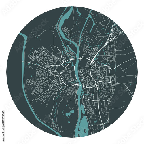 Maastricht vector minimalist street plan map of a Dutch city on a dark gray round background. Netherlands