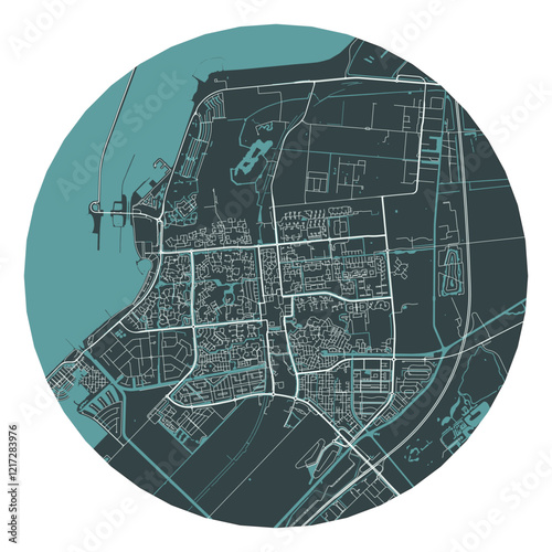 Lelystad vector minimalist street plan map of a Dutch city on a dark gray round background. Netherlands