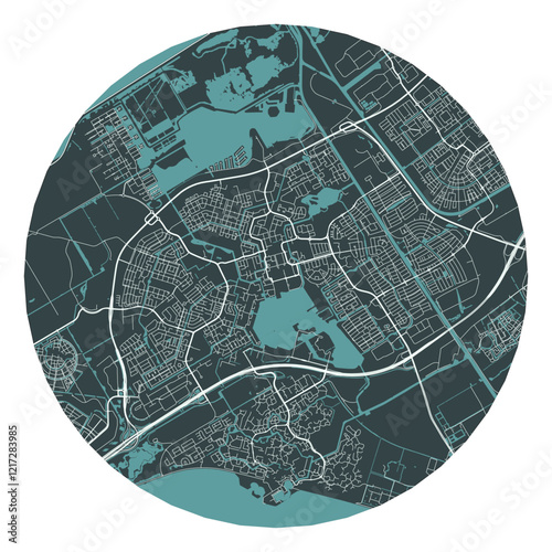 Almere vector minimalist street plan map of a Dutch city on a dark gray round background. Netherlands