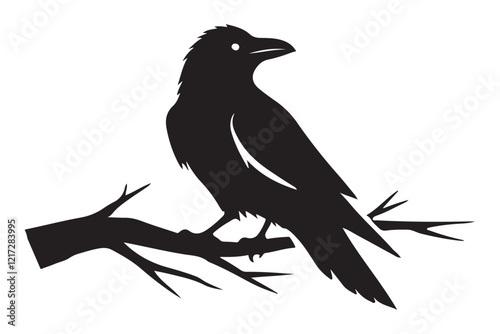 Raven Perched on Branch Silhouette Illustration