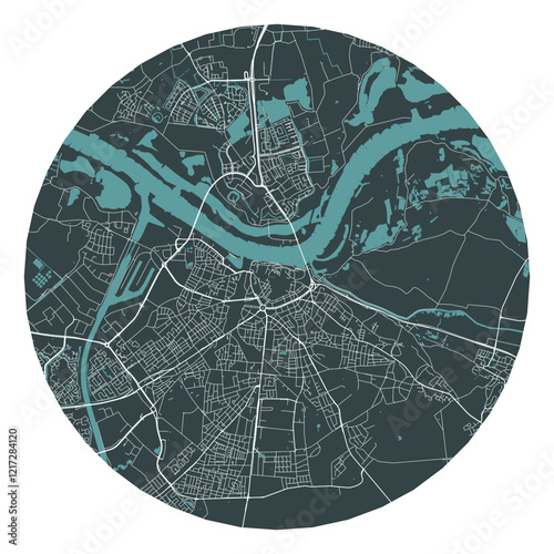 Nijmegen vector minimalist street plan map of a Dutch city on a dark gray round background. Netherlands