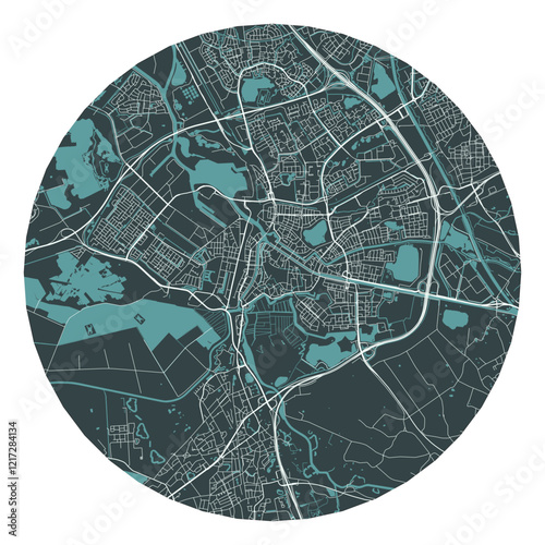 's-Hertogenbosch vector minimalist street plan map of a Dutch city on a dark gray round background. Netherlands