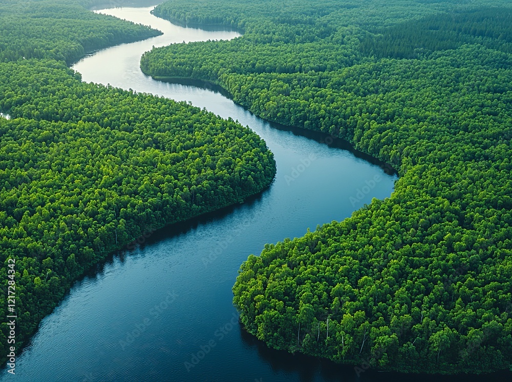 Aerial view of a green grass forest with towering pine trees and a winding blue river running through it Aerial view of a green grass forest with towering pine trees and a winding blue river running through it