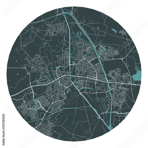 Helmond vector minimalist street plan map of a Dutch city on a dark gray round background. Netherlands