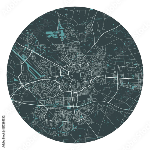 Enschede vector minimalist street plan map of a Dutch city on a dark gray round background. Netherlands