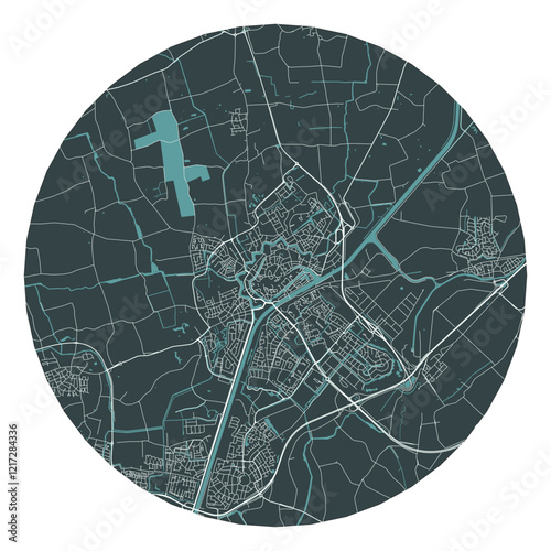 Middelburg vector minimalist street plan map of a Dutch city on a dark gray round background. Netherlands