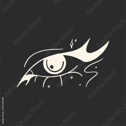 Creative makeup. Beautiful female eyes with fancy arrows. Cartoon eyes. Hand drawn illustration. Logo template, beauty and fashion. Modern makeup.