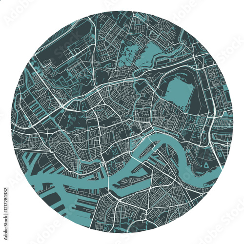 Rotterdam vector minimalist street plan map of a Dutch city on a dark gray round background. Netherlands