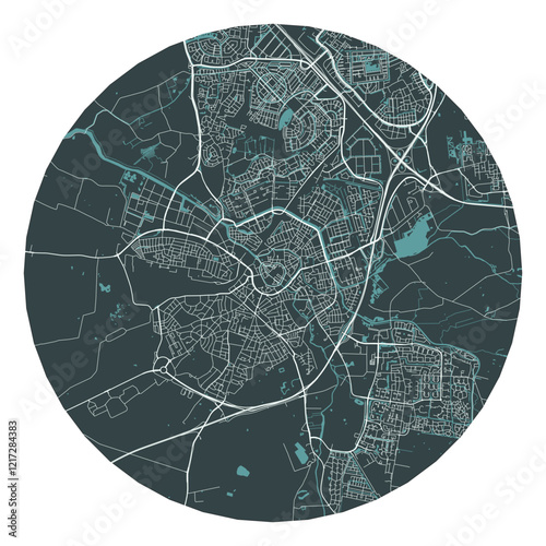 Amersfoort vector minimalist street plan map of a Dutch city on a dark gray round background. Netherlands