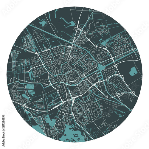 Groningen vector minimalist street plan map of a Dutch city on a dark gray round background. Netherlands