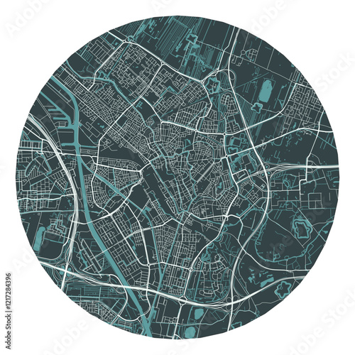 Utrecht vector minimalist street plan map of a Dutch city on a dark gray round background. Netherlands
