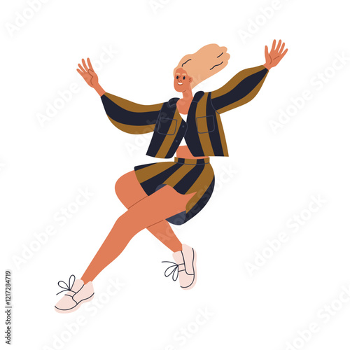 Happy excited woman flying in air, jumping in joyful movement, fun and joy emotion. Female in active energetic pose with arms and hair in flight. Flat vector illustration isolated on white background