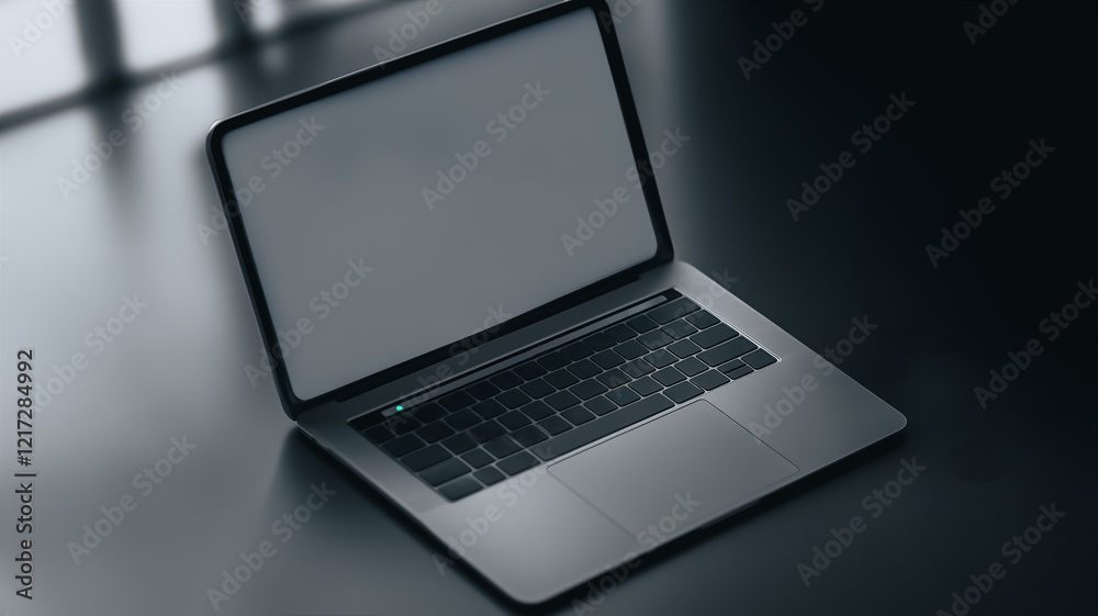 Sleek Laptop Mockup: A modern, silver laptop rests on a dark surface, its screen displaying a clean, blank space, perfect for showcasing your design or branding. Sleek Laptop Mockup: A modern, silver laptop rests on a dark surface, its screen displaying a clean, blank space, perfect for showcasing your design or branding.