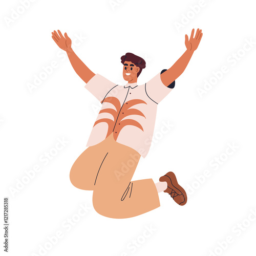 Happy man jumping up, celebrating with excited emotion. Joyful male leaping, flying in air with fun and joy energy. Exulting in energetic pose. Flat vector illustration isolated on white background