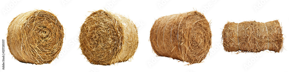 Four bales of hay, showcasing different shapes and sizes, with a textured, golden appearance. Four bales of hay, showcasing different shapes and sizes, with a textured, golden appearance.