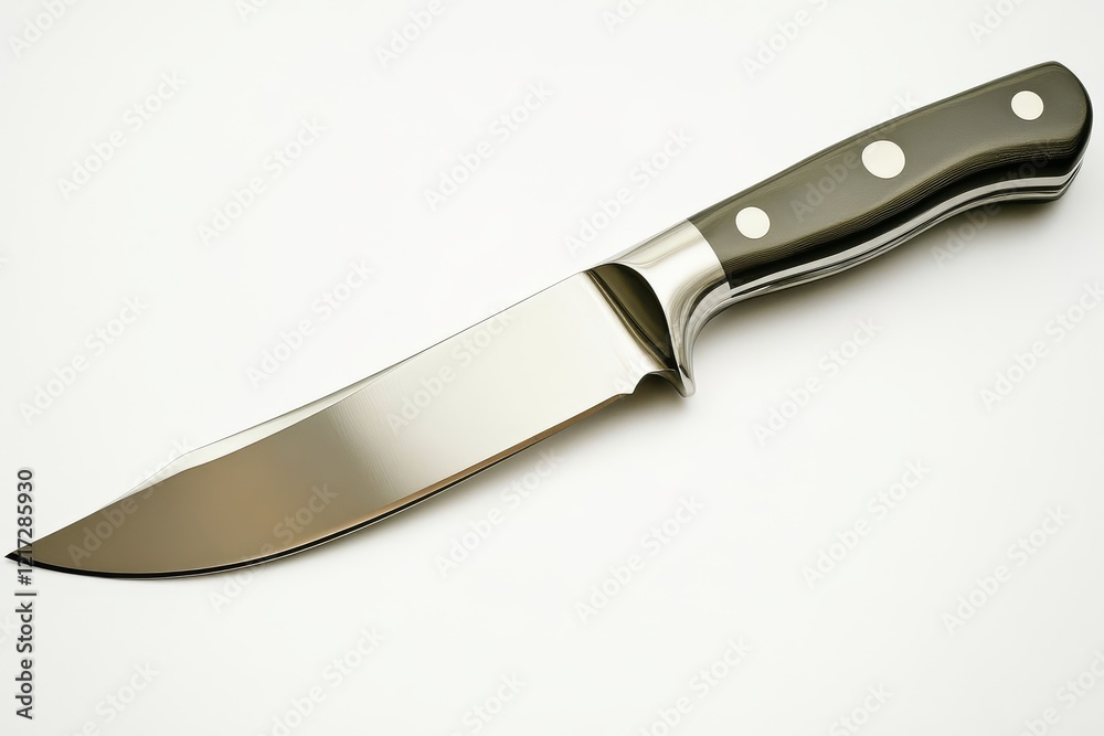 A sleek, stainless steel knife with a black handle, featuring three rivets, suitable for kitchen use and culinary tasks. A sleek, stainless steel knife with a black handle, featuring three rivets, suitable for kitchen use and culinary tasks.