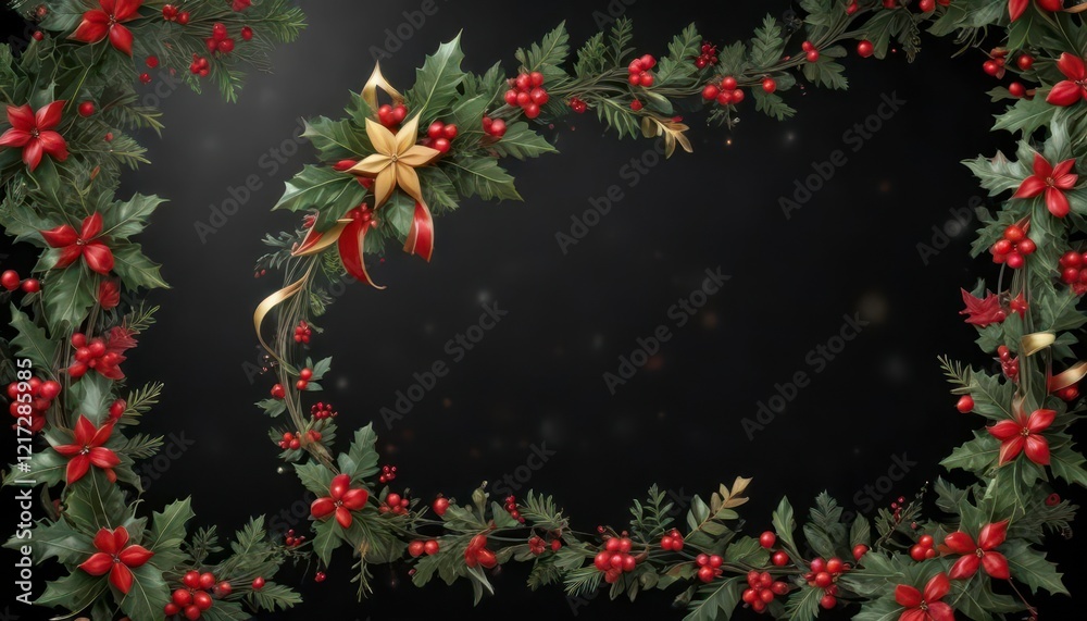 Fototapeta premium Swirl ribbons and stars on black background with festive holly decorations, decorations, swirly