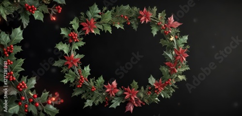 Swirl ribbons and stars on black background with festive holly leaves,  swirl ribbons,  festive patterns