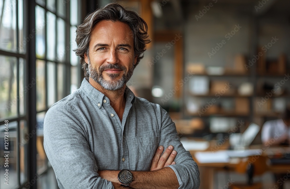 In his office with pride and integrity clearly evident, a mature businessman with significant company experience is portrayed. His arms are crossed, and he has the bearing of an expert manager or tax In his office with pride and integrity clearly evident, a mature businessman with significant company experience is portrayed. His arms are crossed, and he has the bearing of an expert manager or tax
