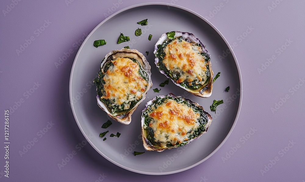 Baked oysters with spinach and parmesan served on a light grey plate against a muted deep purple background Baked oysters with spinach and parmesan served on a light grey plate against a muted deep purple background