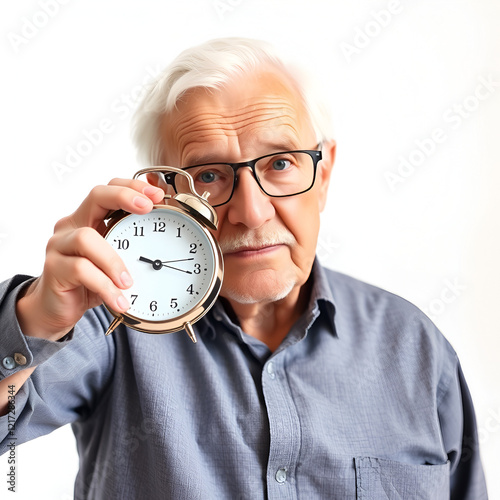 Elderly man holding alarm clock on white background with empty s photo