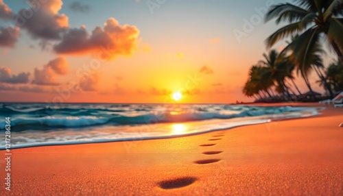 Golden sunset illuminates sandy beach with footprints and palm trees at the seaside