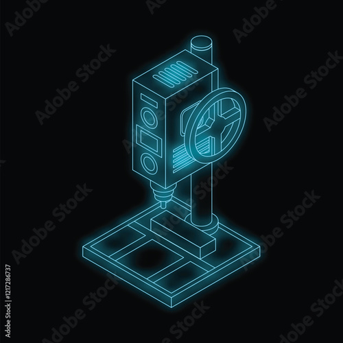 Glowing blue isometric projection of a drill press working a piece of metal, on a dark background photo