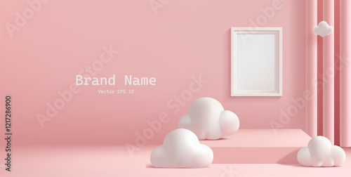 Pink banner for advertising products. 3D empty podium, white photo frame, clouds, columns. Modern banner for advertising promotional offers, and new products. Vector