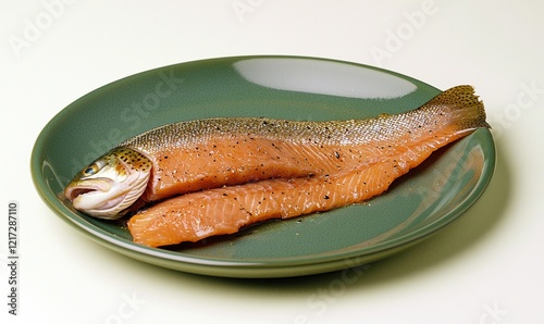 Delicate trout fillet served on a green plate with a muted cream background in Switzerland photo