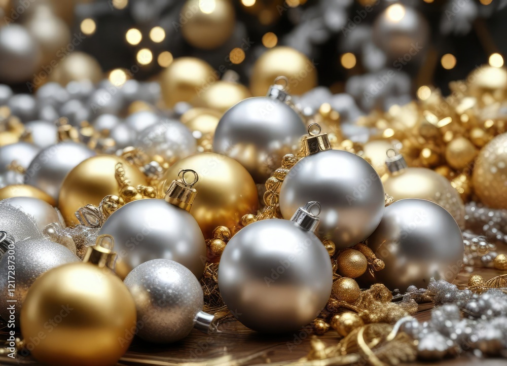 Gold and silver Christmas ornaments piled high on a festive holiday table, decorative accents, festive centerpieces, dining table