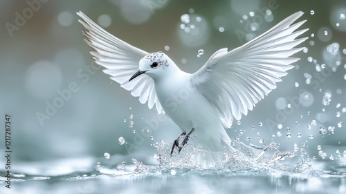 White bird taking flight from water, bokeh background, nature scene, wildlife photography