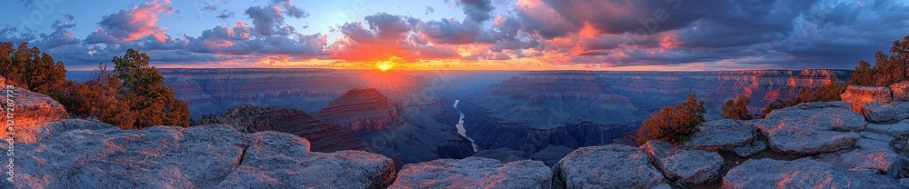 Fototapeta premium The Grand Canyon offers a breathtaking panorama with red earth dominating the valley and a dramatic red sky on the horizon